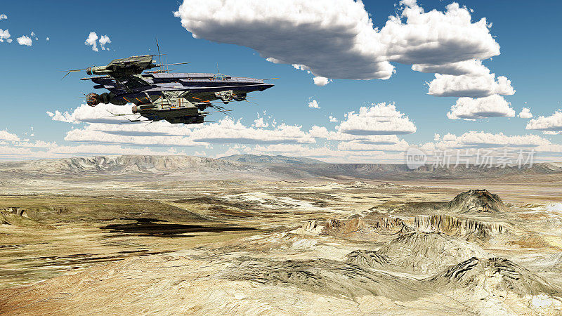 宇宙飞船在沙漠地带上空飞行