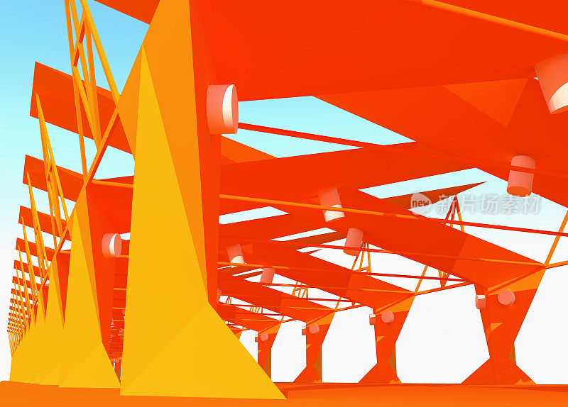 橙色开放式建筑结构的3D渲染。现代建筑，如机库、车库或火车站。
