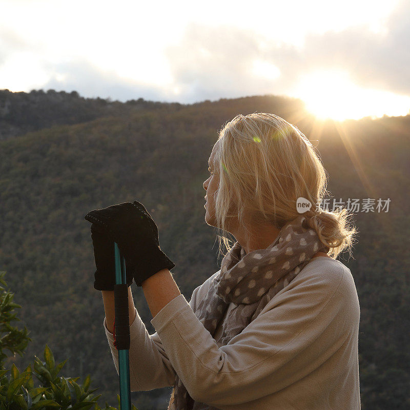 日出时分，女徒步旅行者在橘林上空放松