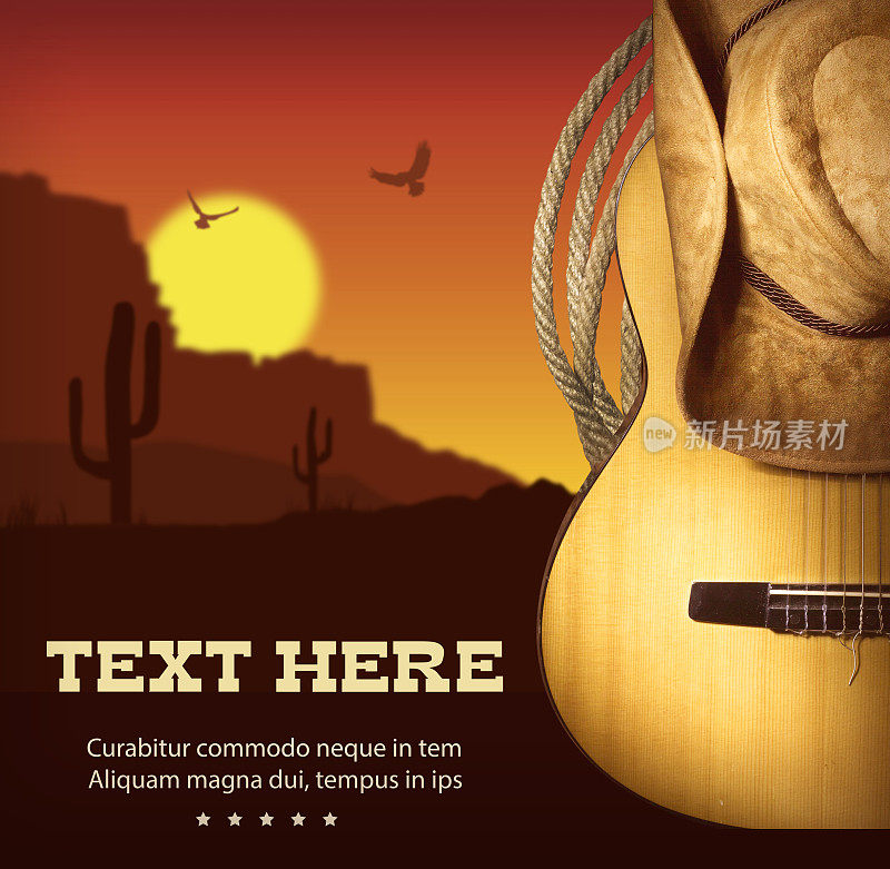 美国乡村音乐海报。西部背景吉他和牛仔帽
