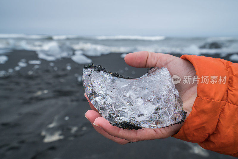 在冰岛Jokulsarlon的黑色沙滩上，手持冰的人对景观的特写