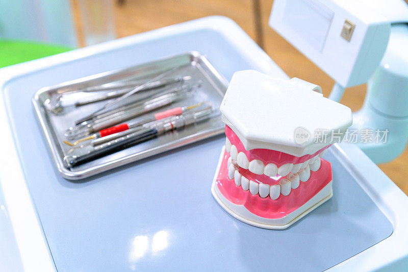 牙科诊所桌子上的白牙模型和牙科器械