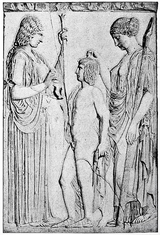 古典希腊文，得墨忒耳，克瑞和特里普托勒摩斯浮雕