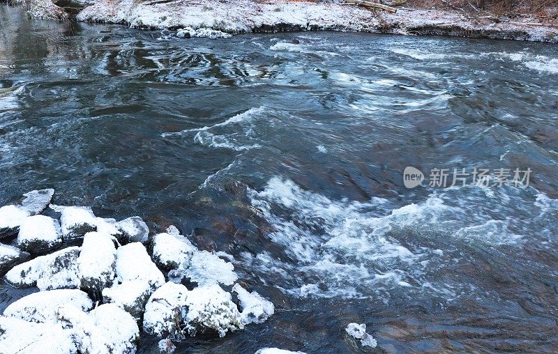 河流，河岸和树木在冬天