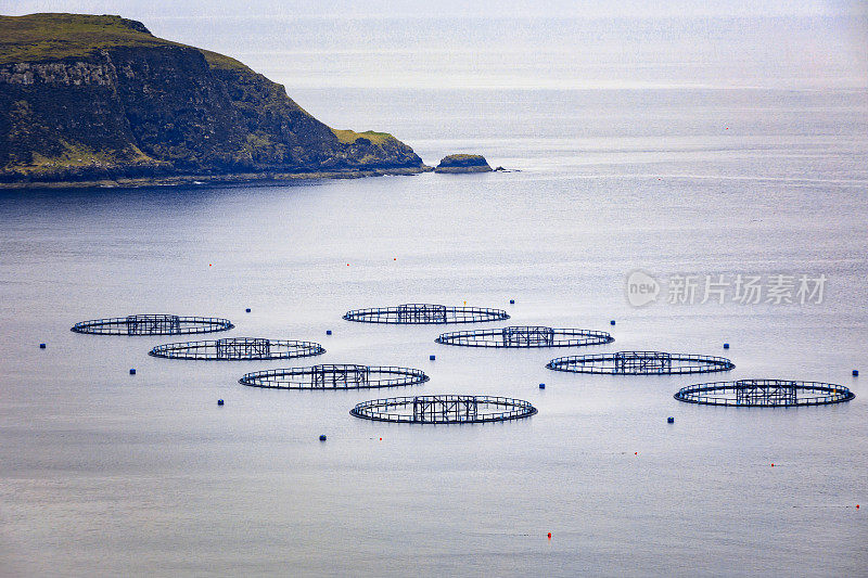 苏格兰斯凯岛附近的渔场网箱