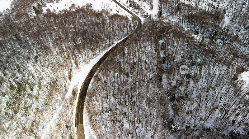 多风的道路在积雪覆盖的森林，从上到下鸟瞰图