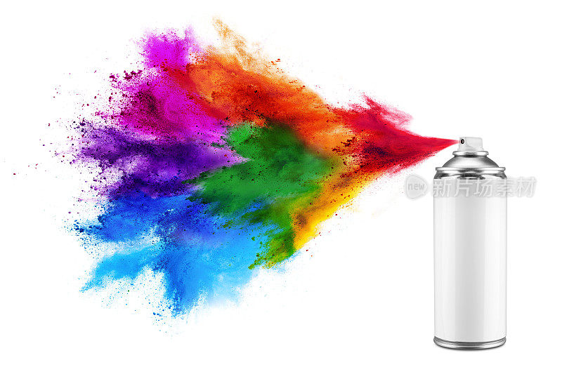 喷塑可以喷彩色彩虹胡里漆彩色粉末爆炸隔离白色背景。工业diy喷漆涂鸦概念。