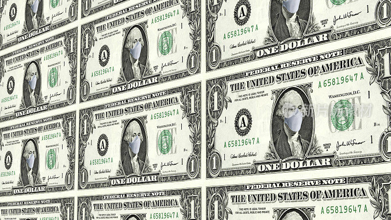 100美元纸币和一次性医用口罩。美国冠状病毒疫情的概念。冠状病毒大流行对美国经济的影响