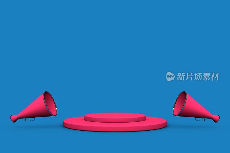 3D粉色扩音器和站在蓝色背景