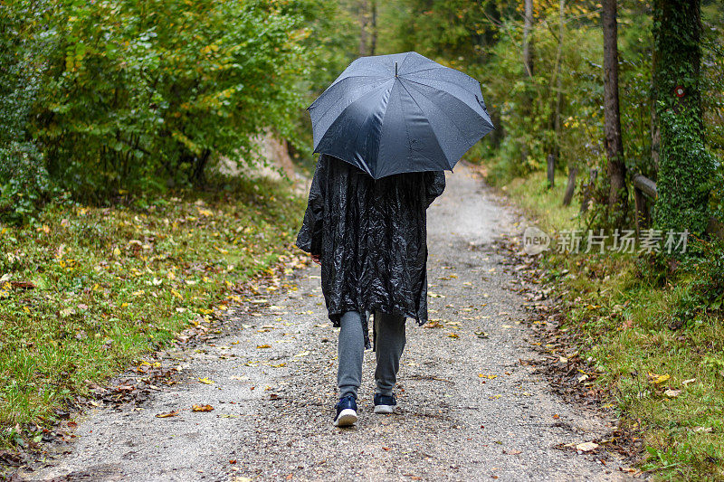 带着雨伞和斗篷穿过树林——被雨淋了