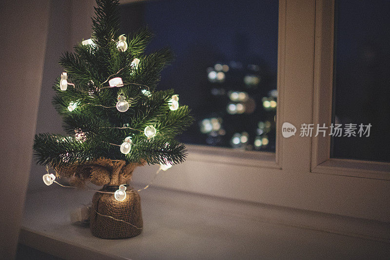 窗台上挂着灯的小圣诞树