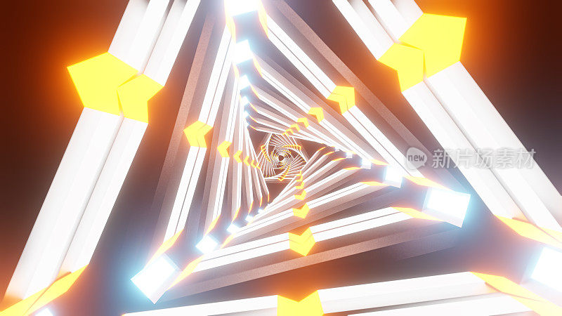 循环科幻动画先进技术门户3d渲染。VJ音乐循环。三角形霓虹隧道环路。抽象飞行在现代霓虹照明的未来主义金属走廊与三角形。