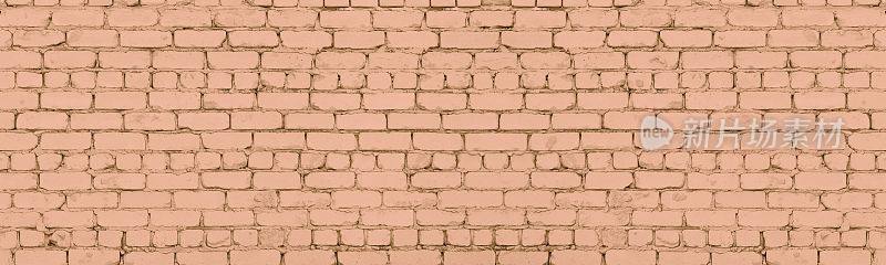 米色老旧破旧的砖墙宽全景纹理。粉彩棕色画粗糙的砖石。乡村砌砖全景。抽象的背景