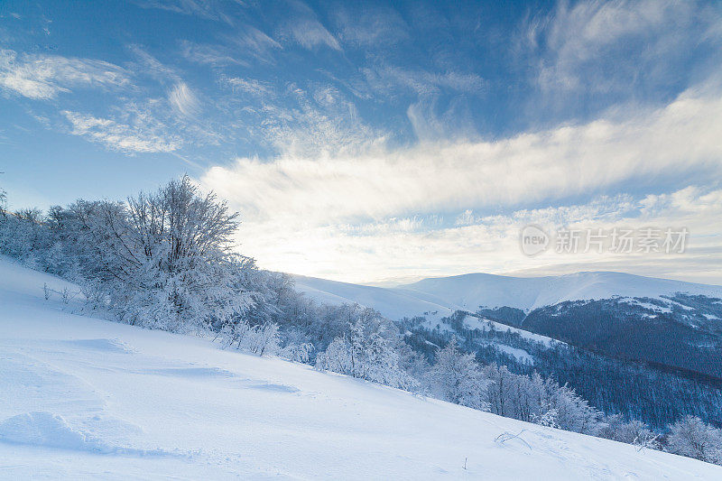 喀尔巴阡山脉风景优美。白雪皑皑的山峰高耸入云。美丽的天空覆盖着雪山。乌克兰