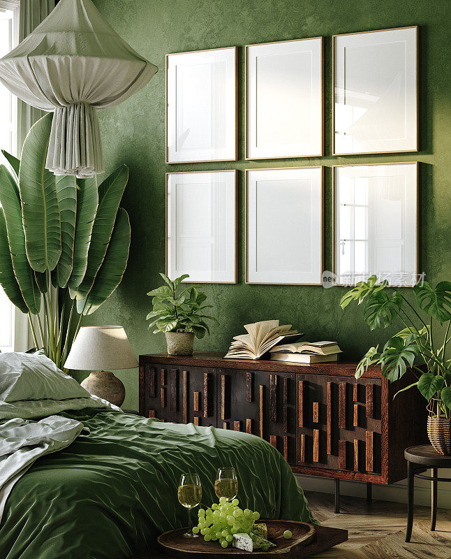 模型框架在深绿色卧室室内背景