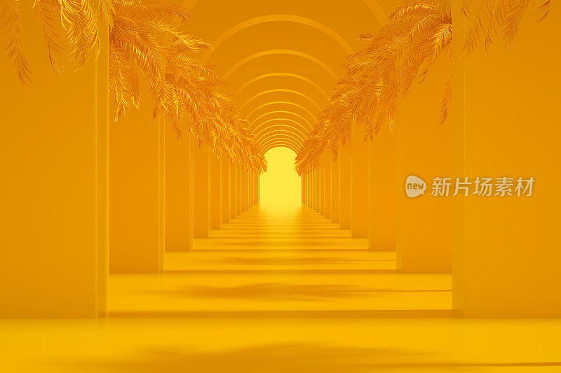黄色隧道走廊展示舞台与棕榈树