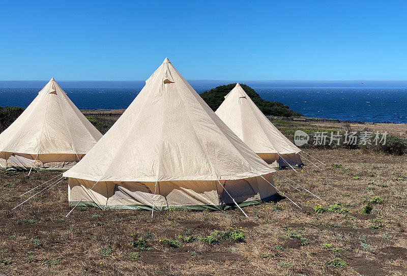 在加州北部海边的草地上露营