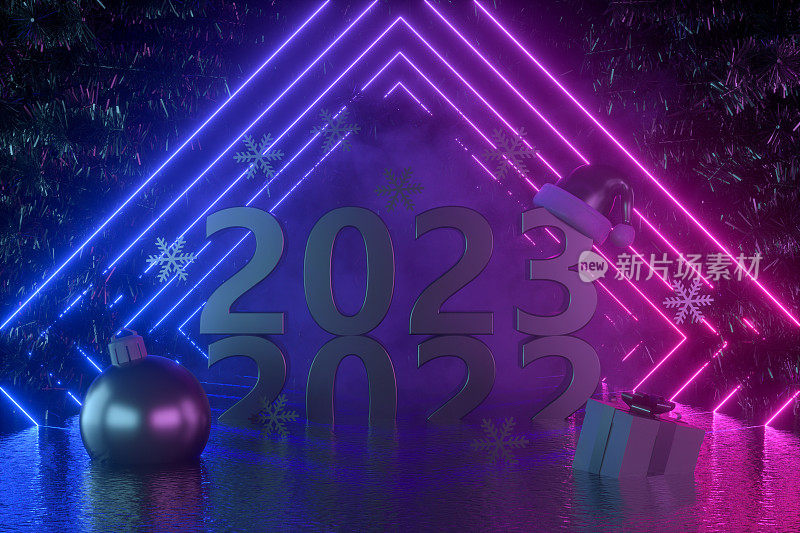 2023新年文字在黑暗的海洋与圣诞树背景和霓虹灯发光