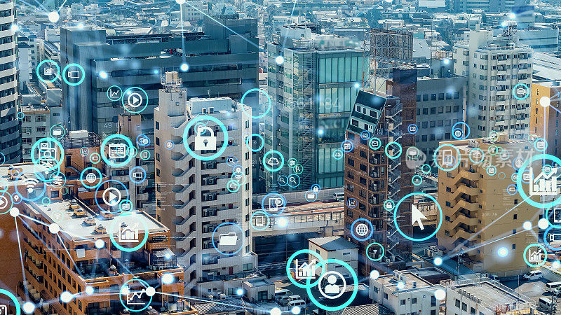 现代城市与科技理念。智能城市。数字转换。