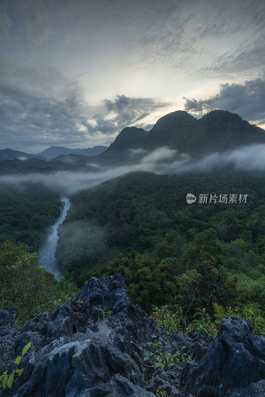 雾蒙蒙的丛林雨林，河流，雾和山脉在早晨从上面延伸。鸟瞰图。