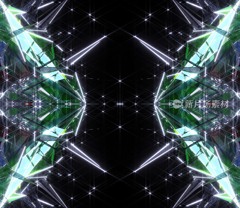 3d渲染抽象艺术，部分超现实的外星人秘密盒子或分形立方体机构，在玻璃塑料的金属丝结构中有尖锐的尖刺，在黑色背景上有翠绿色的白光