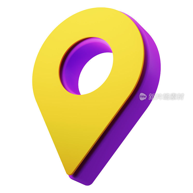 导航概念-地理标签，地图pin三维符号在黄色和紫色。孤立在白色背景上。