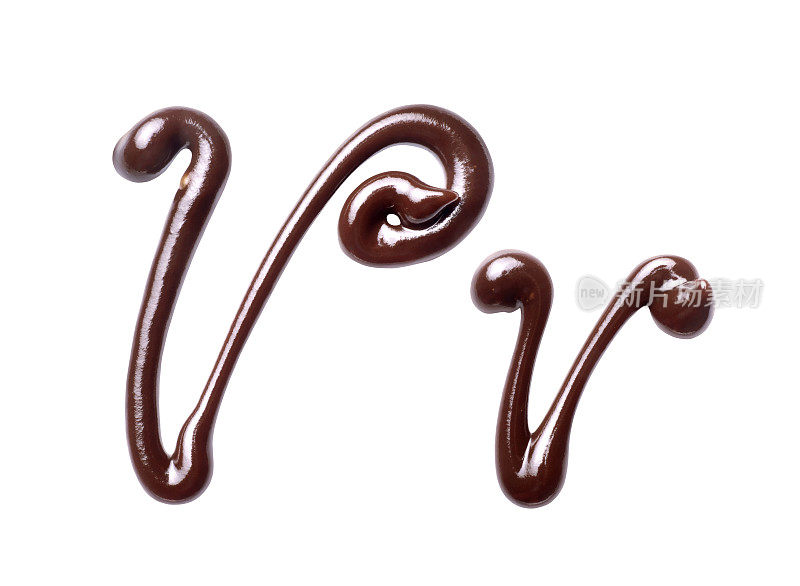 由融化的巧克力制成的拉丁字母的大小字母V，孤立在白色的背景上