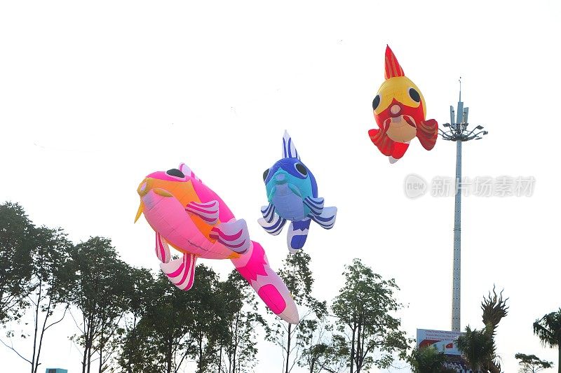 在越南湄公河三角洲阳光明媚的夏日，五颜六色的气球鱼风筝在蔚蓝的天空中飞翔。快乐的童年时光。