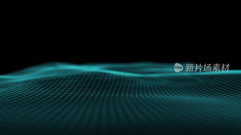 散焦绿色网络波的抽象振动。粒子和点在黑暗的背景下以波浪的形式运动。数码模糊景观。数字山，液体沙沙漠。一片灿烂的地平线