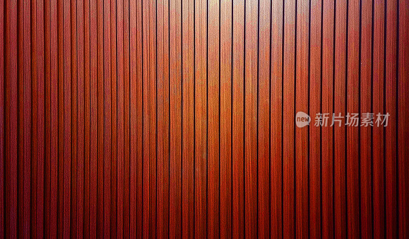 垂直木条纹理用于室内装饰，光线来自上方。抽象的亮红色胡桃木板条在垂直条纹线图案用作背景或背景。