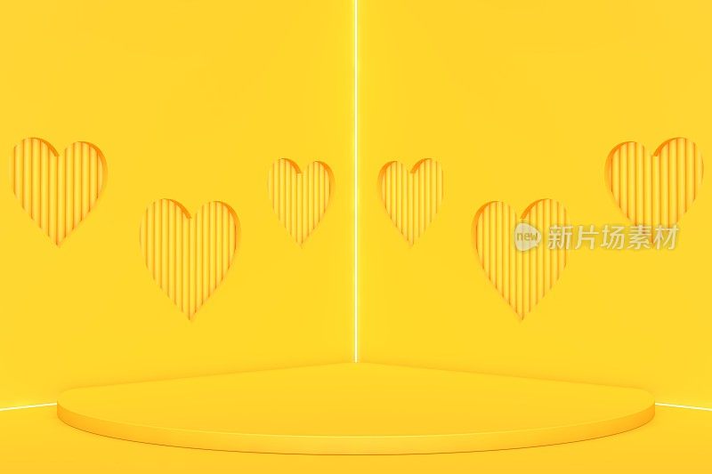 黄色的站在前面，黄色的心做背景，空白的产品展示