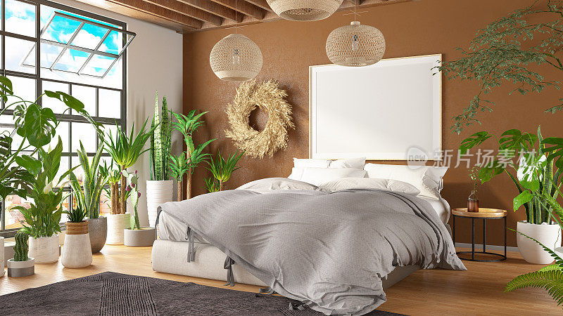 波西米亚风格的舒适床与空相框在阁楼公寓设计