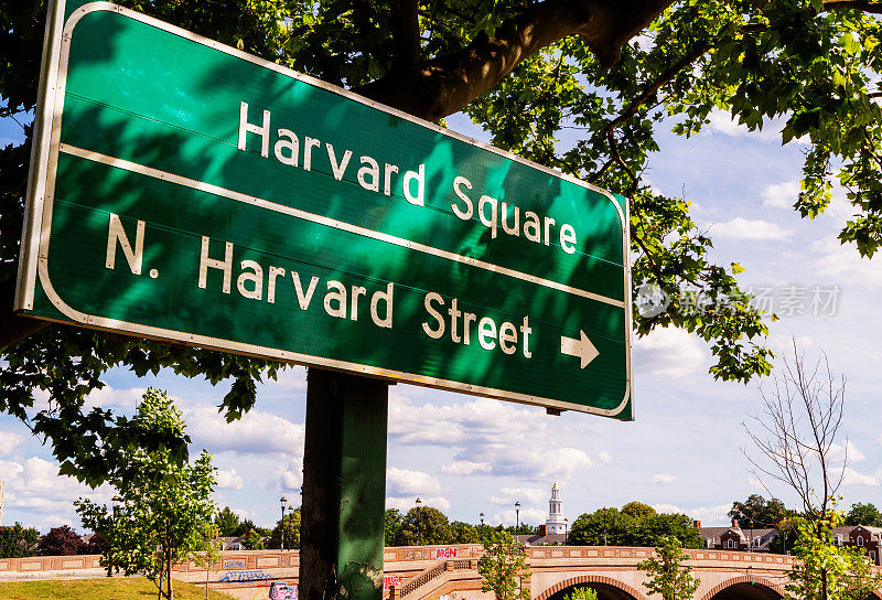 哈佛广场和北哈佛街的绿色路牌——马萨诸塞州剑桥市