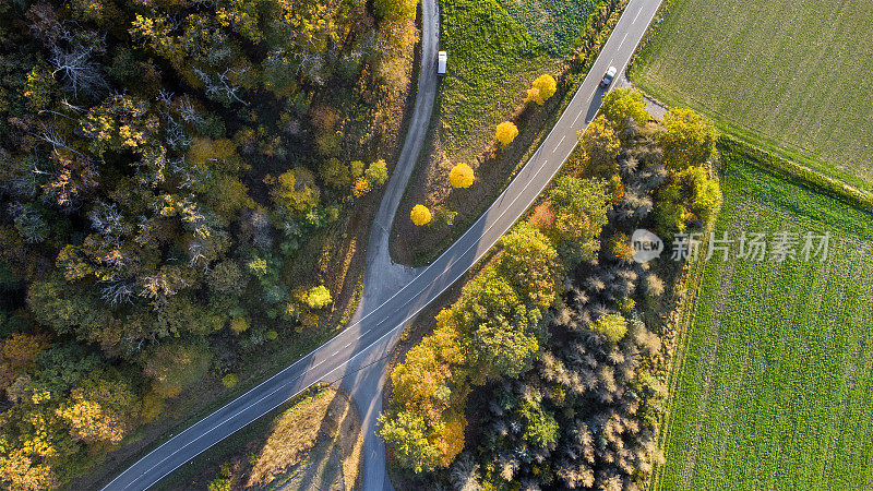 秋景农业区道路穿越——鸟瞰