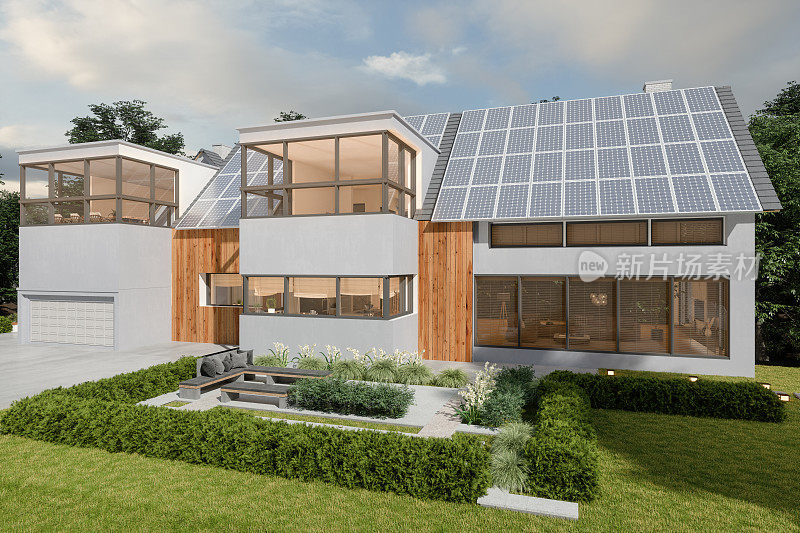 屋顶上有太阳能电池板的现代别墅和带座位的露台