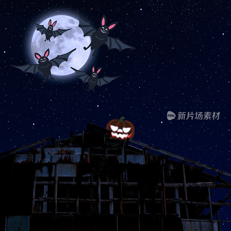 超级月亮升起在一个旧仓库屋顶的万圣节南瓜上，上面有飞翔的蝙蝠