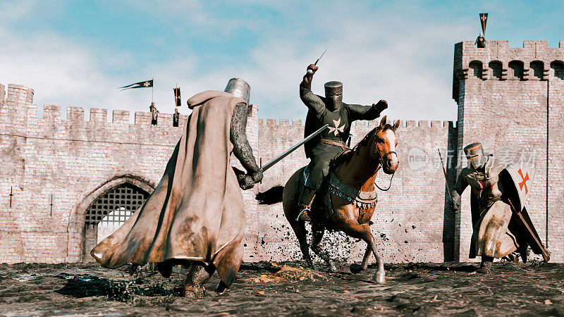 中世纪的战场，骑士用剑作战