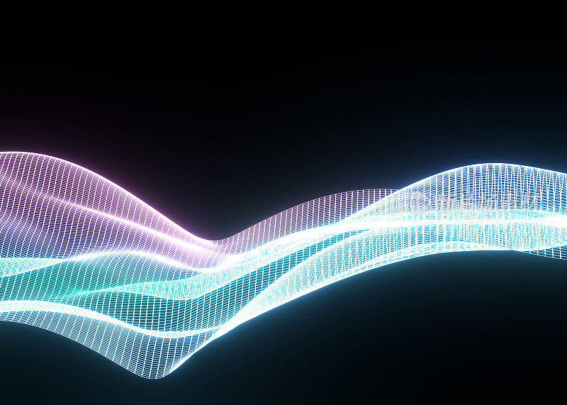 三维抽象背景飞舞霓虹粒子运动，波浪线流动大数据技术与科学主题，三维点阵列流动运动，纳米技术。