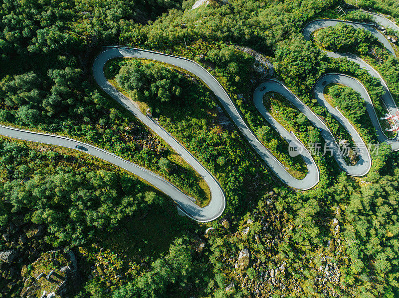 山中蜿蜒道路的鸟瞰图