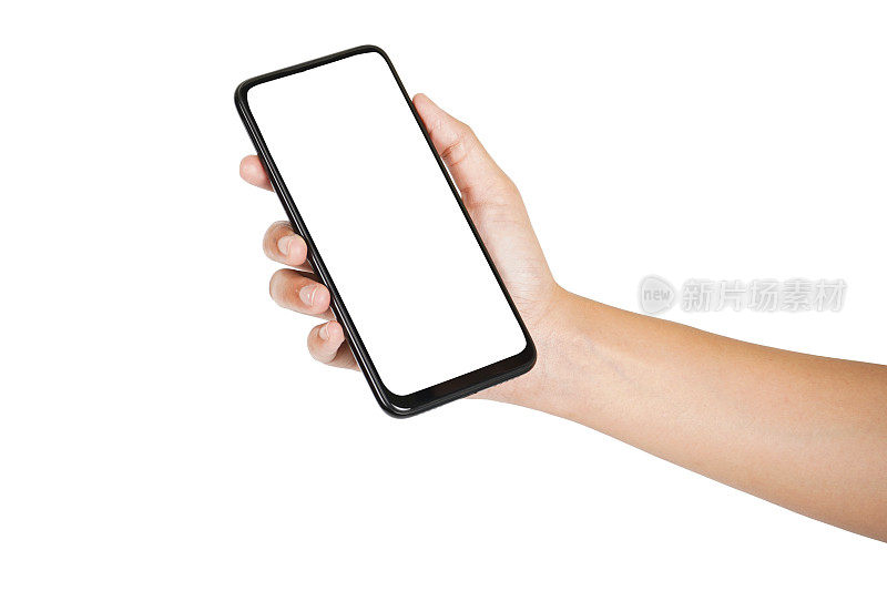 手持空白智能手机孤立在白色背景与剪辑路径，空屏幕手机在手的广告和信息