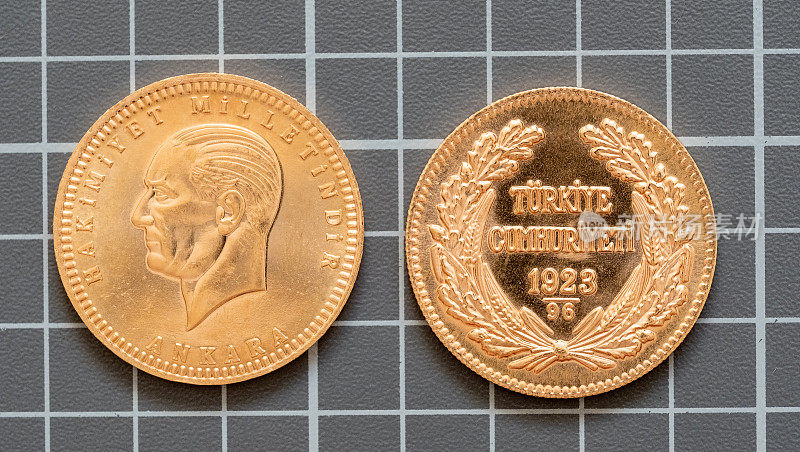 土耳其金币背面叫贝斯利阿塔白色背景。