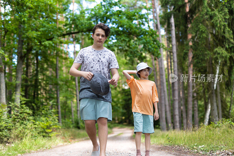 小男孩们在森林里散步