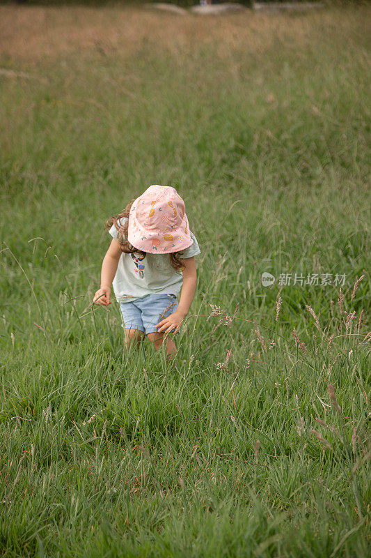 快乐童年的概念，探索你身边的世界。可爱的女孩白天在公园的草地上玩耍。
