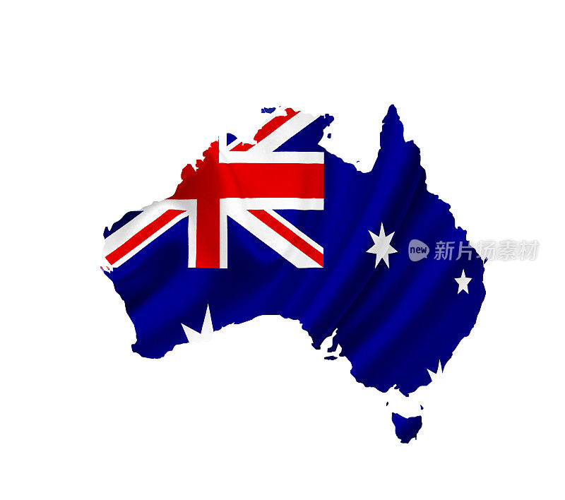 澳大利亚地图上飘扬的旗帜被孤立在白色