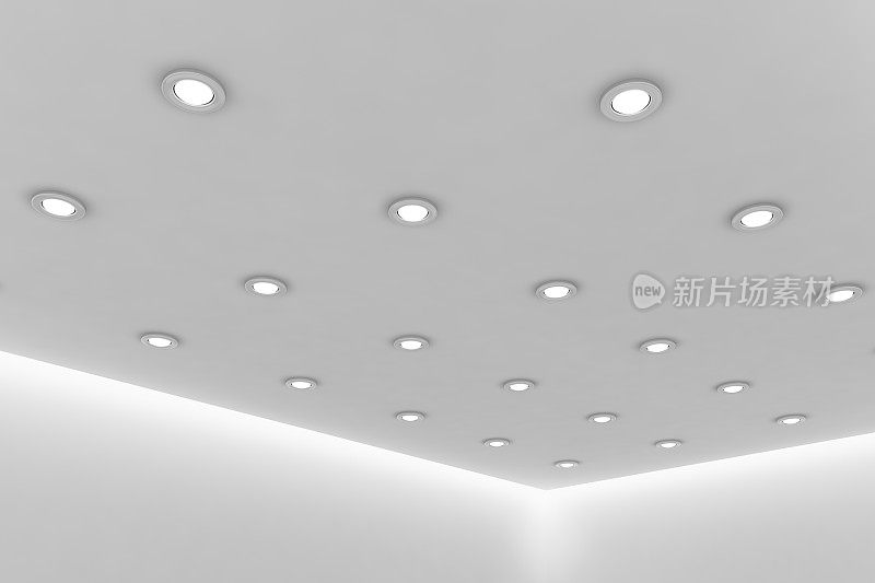 空白色房间的办公室天花板上有圆形的天花灯