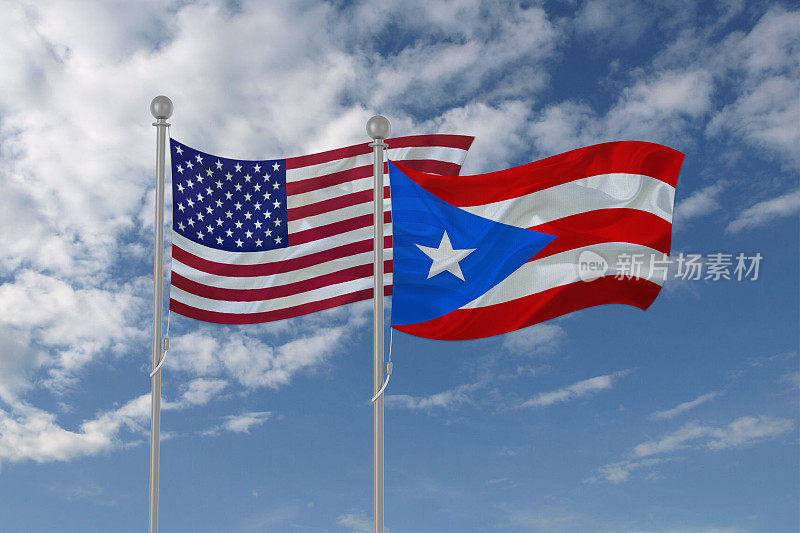 美国和波多黎各的国旗在天空中飘扬