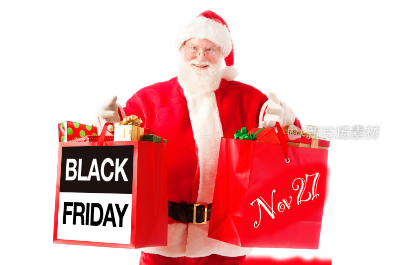 黑色星期五购物袋与圣诞老人，白色背景