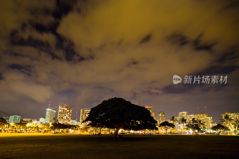 孤独的树火奴鲁鲁野餐公园在晚上夏威夷瓦胡岛美国