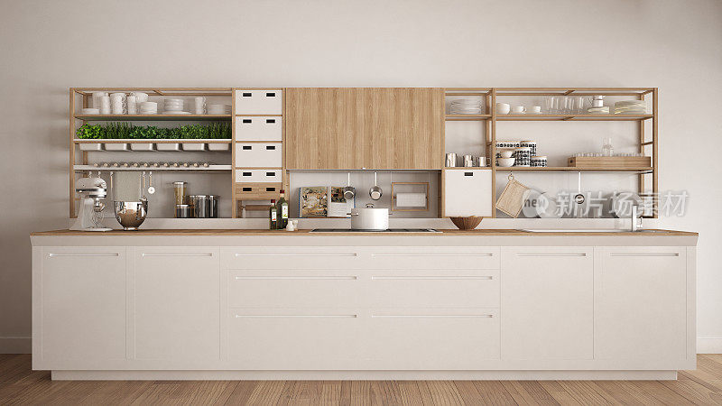 极简主义白色木制厨房与家电近景，斯堪的纳维亚经典的室内设计
