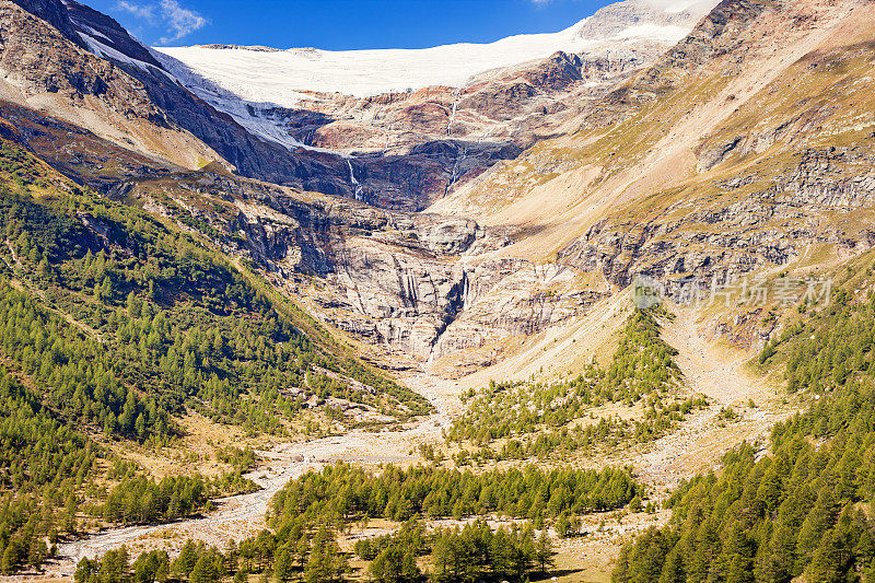 瑞士伯尼娜山口的冰川和瀑布